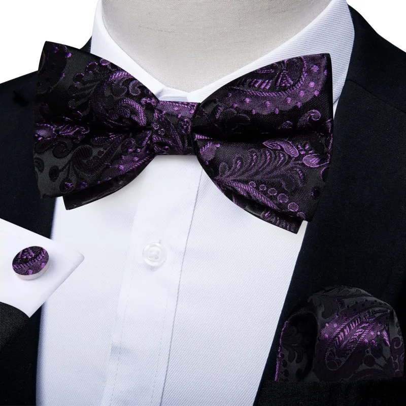 Ties2you Men's Purple Paisley Bow Tie Black Pre-tied Bowtie Pocket Square Cufflinks Set sold by Ties2You