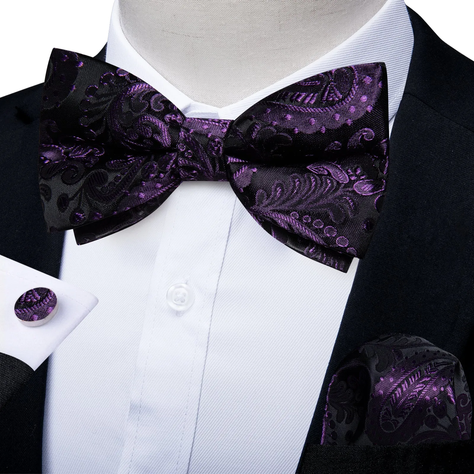 Ties2you Men's Purple Paisley Bow Tie Black Pre-tied Bowtie Pocket Square Cufflinks Set sold by Ties2You