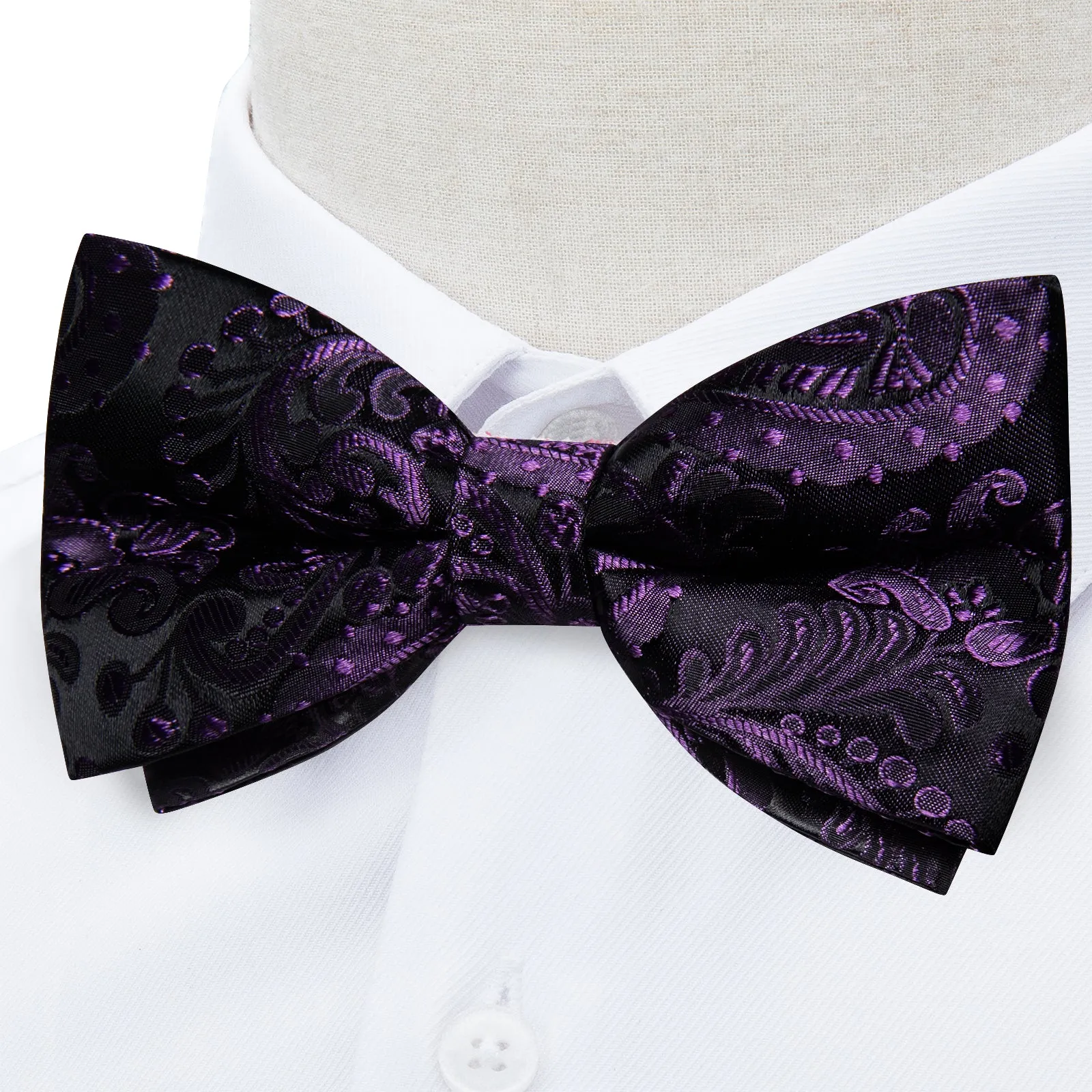 Ties2you Men's Purple Paisley Bow Tie Black Pre-tied Bowtie Pocket Square Cufflinks Set sold by Ties2You product image thumbnail 5