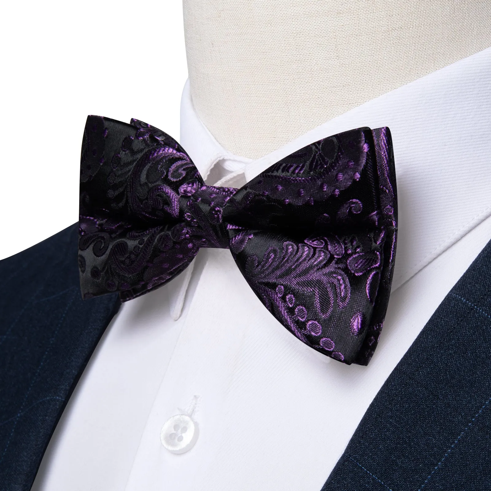 Ties2you Men's Purple Paisley Bow Tie Black Pre-tied Bowtie Pocket Square Cufflinks Set sold by Ties2You product image thumbnail 2