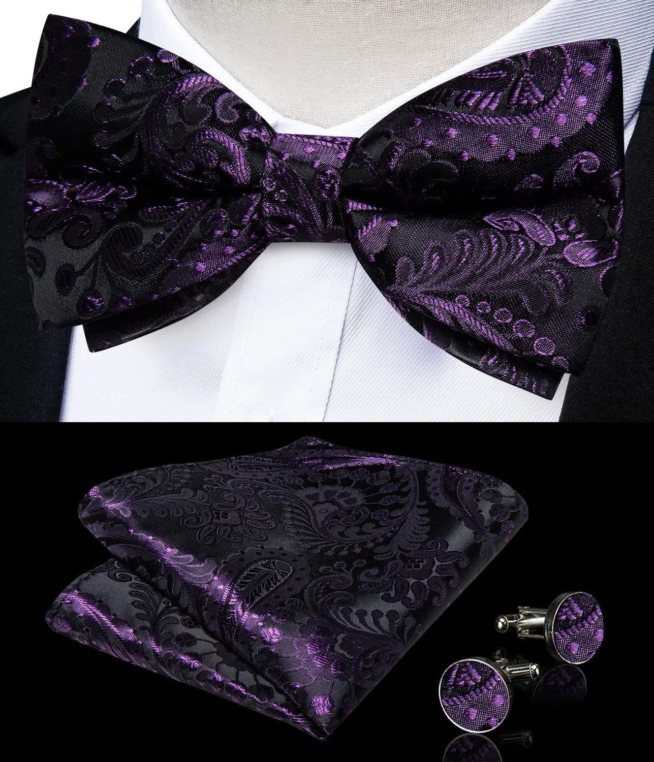 Ties2you Men's Purple Paisley Bow Tie Black Pre-tied Bowtie Pocket Square Cufflinks Set sold by Ties2You product image thumbnail 3