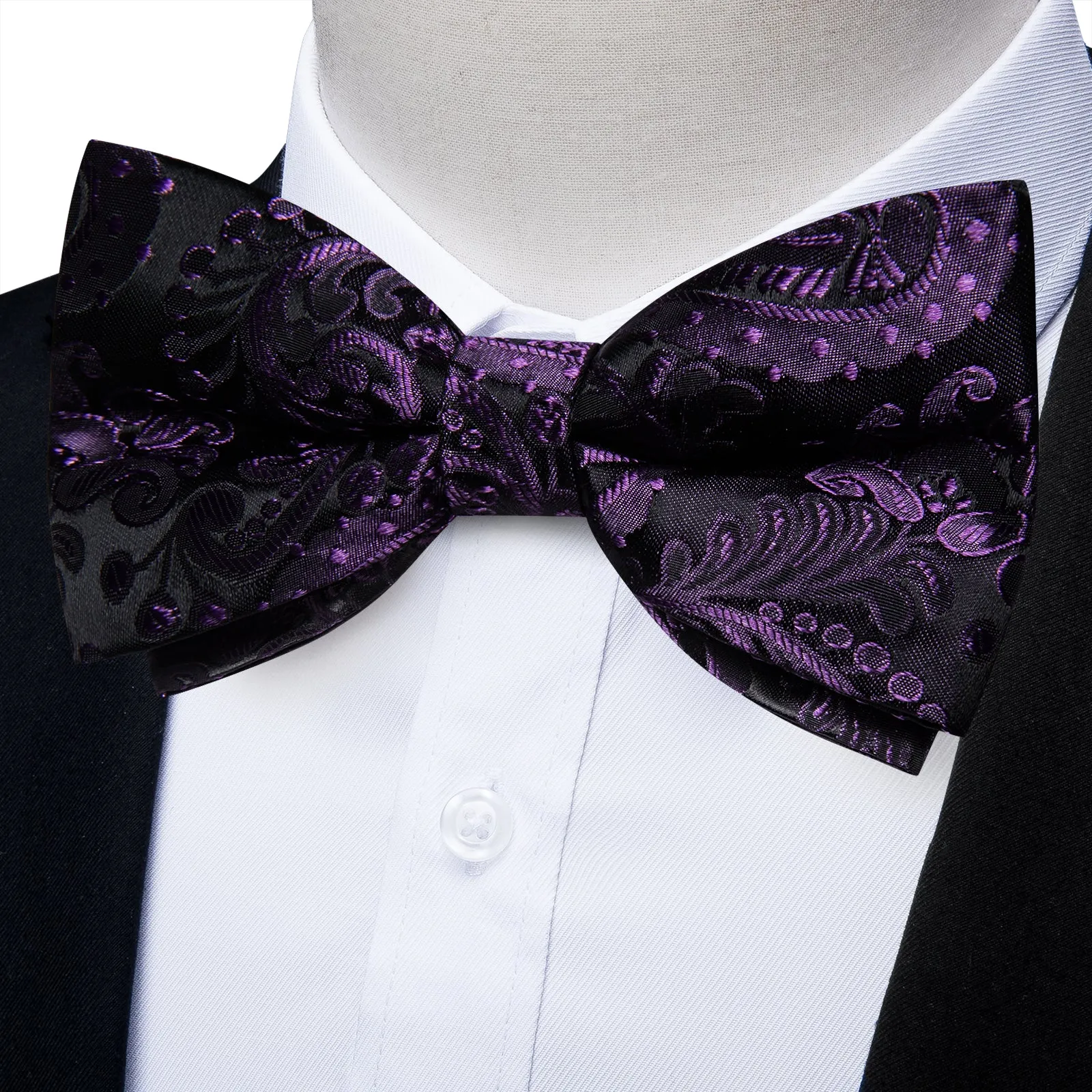 Ties2you Men's Purple Paisley Bow Tie Black Pre-tied Bowtie Pocket Square Cufflinks Set sold by Ties2You product image thumbnail 4