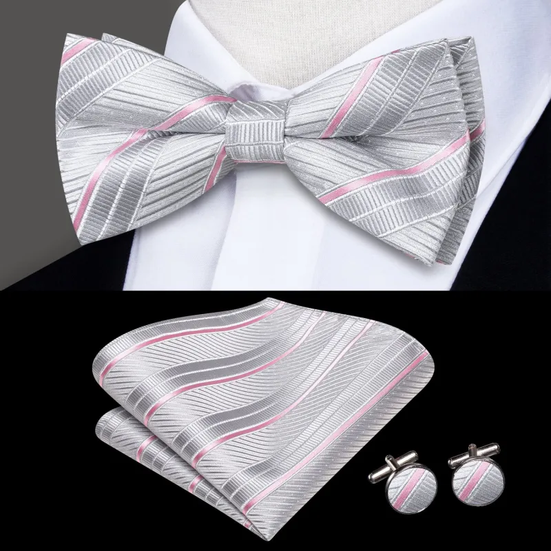 Ties2you Silver Pre-tied Bowtie Striped Tuxedo Bow Tie Handkerchief Cufflinks Set for Men sold by Ties2You