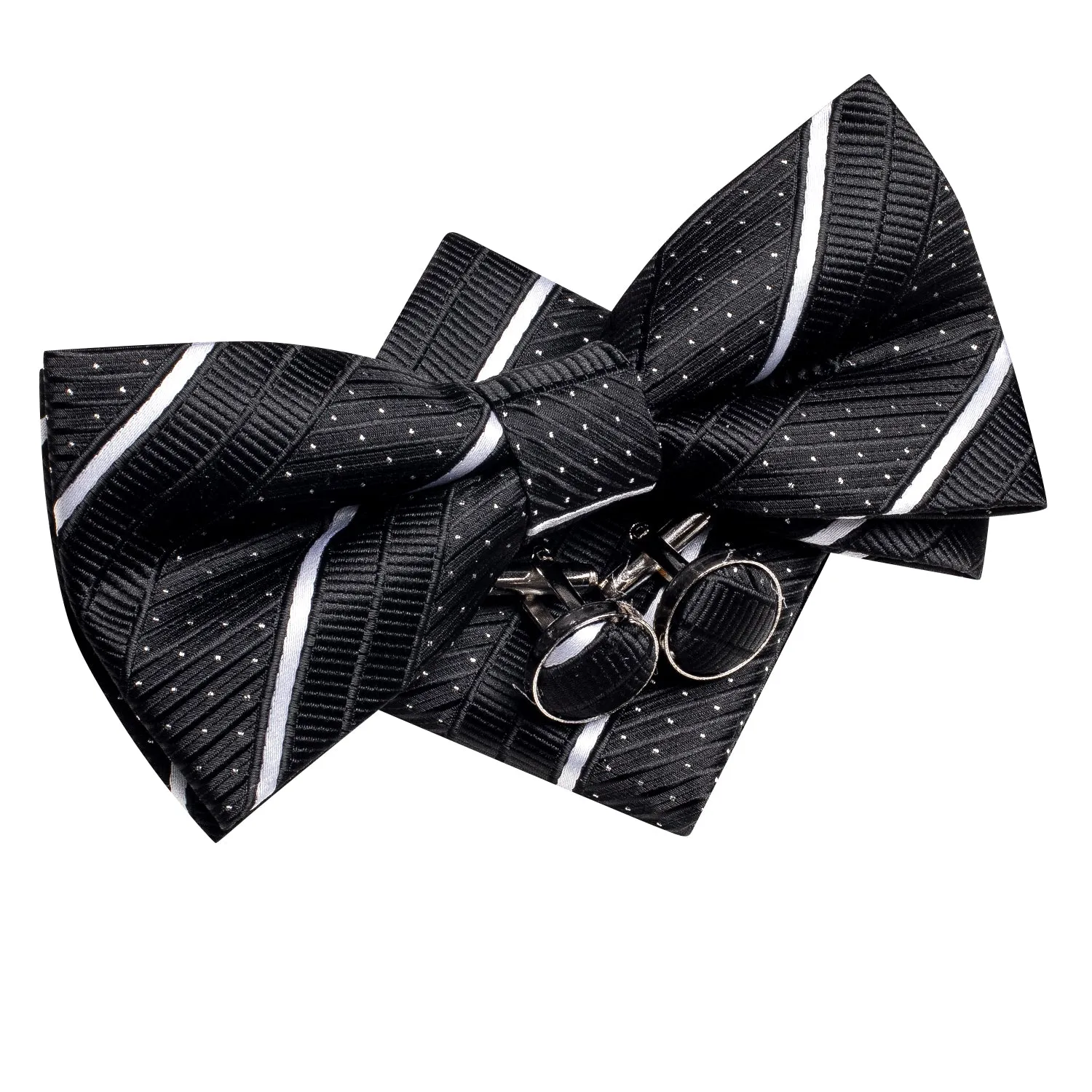 Ties2you Striped Pre-tied Bow Tie Black Tuxedo Bowtie Pocket Square Cufflinks Set for Men sold by Ties2You product image thumbnail 3