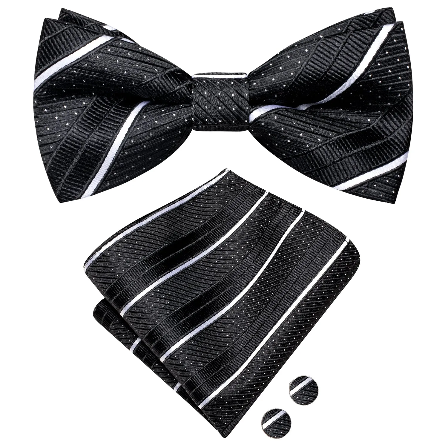 Ties2you Striped Pre-tied Bow Tie Black Tuxedo Bowtie Pocket Square Cufflinks Set for Men sold by Ties2You product image thumbnail 4