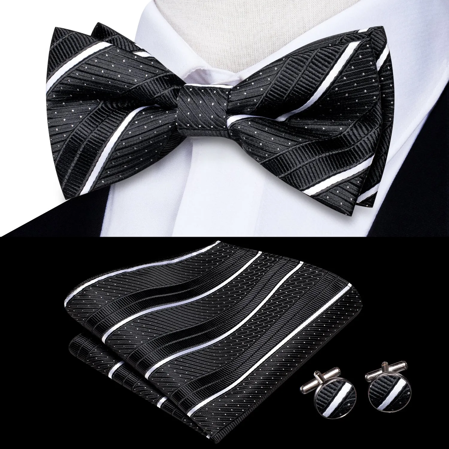 Ties2you Striped Pre-tied Bow Tie Black Tuxedo Bowtie Pocket Square Cufflinks Set for Men sold by Ties2You product image thumbnail 2