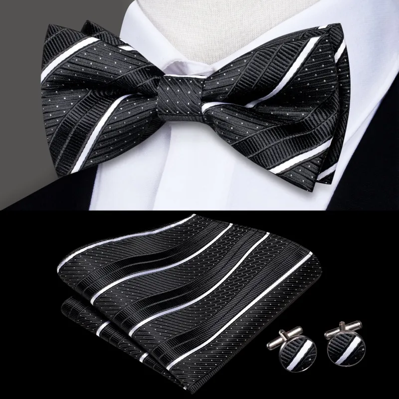 Ties2you Striped Pre-tied Bow Tie Black Tuxedo Bowtie Pocket Square Cufflinks Set for Men sold by Ties2You
