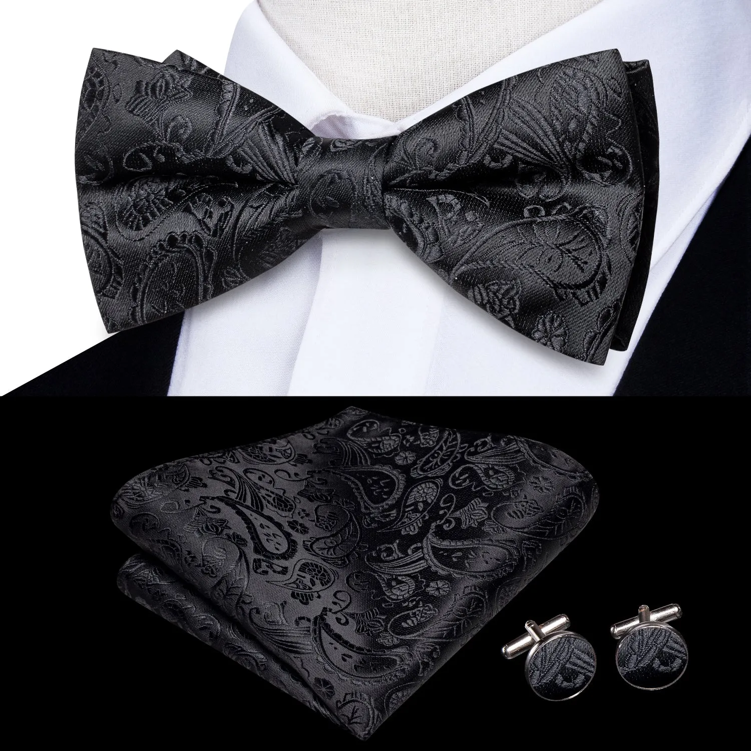 Ties2you Men's Paisley Black Bow Tie Pre-tied Formal Bowtie Handkerchief Cufflinks Set sold by Ties2You product image thumbnail 2