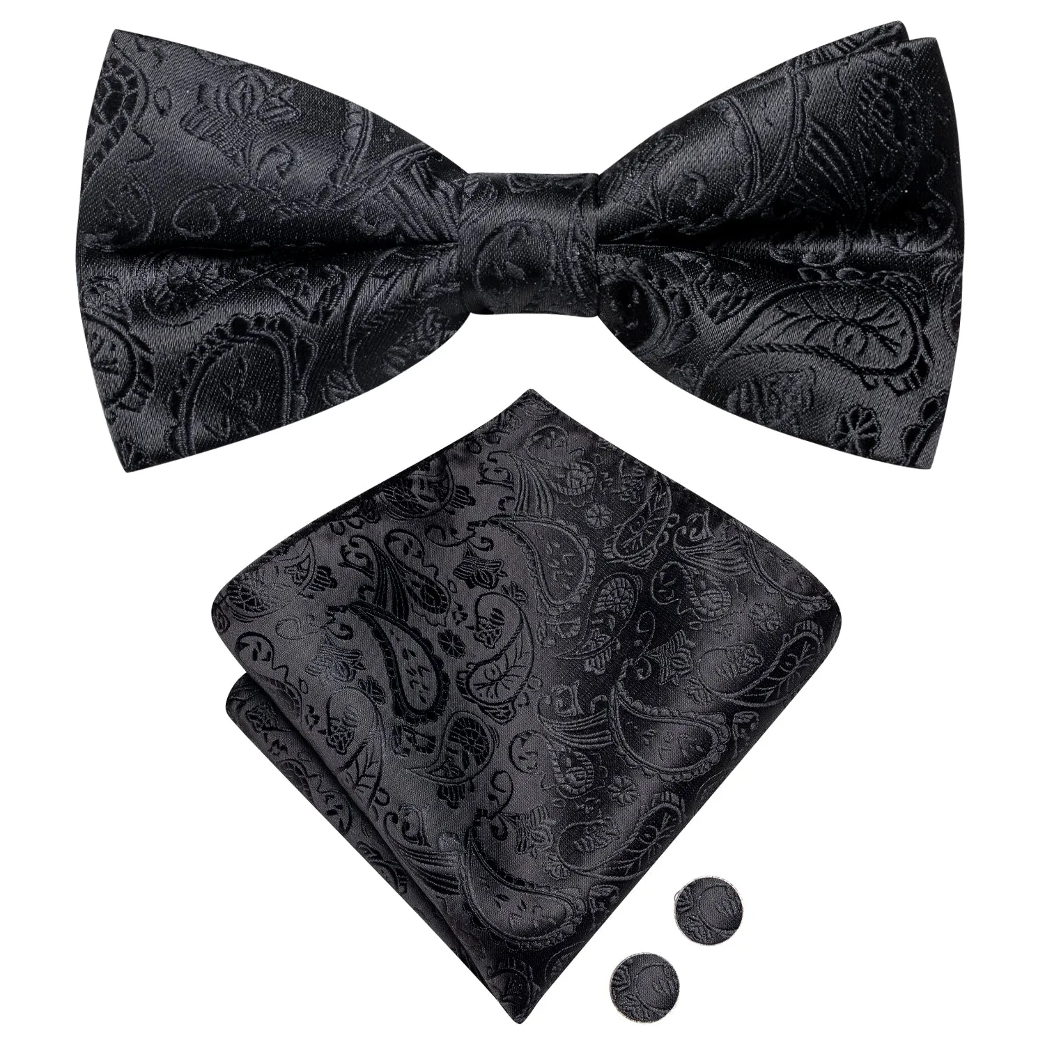 Ties2you Men's Paisley Black Bow Tie Pre-tied Formal Bowtie Handkerchief Cufflinks Set sold by Ties2You product image thumbnail 3