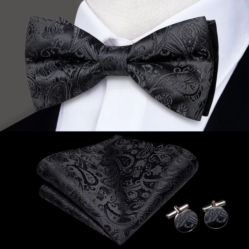 Ties2you Men's Paisley Black Bow Tie Pre-tied Formal Bowtie Handkerchief Cufflinks Set sold by Ties2You