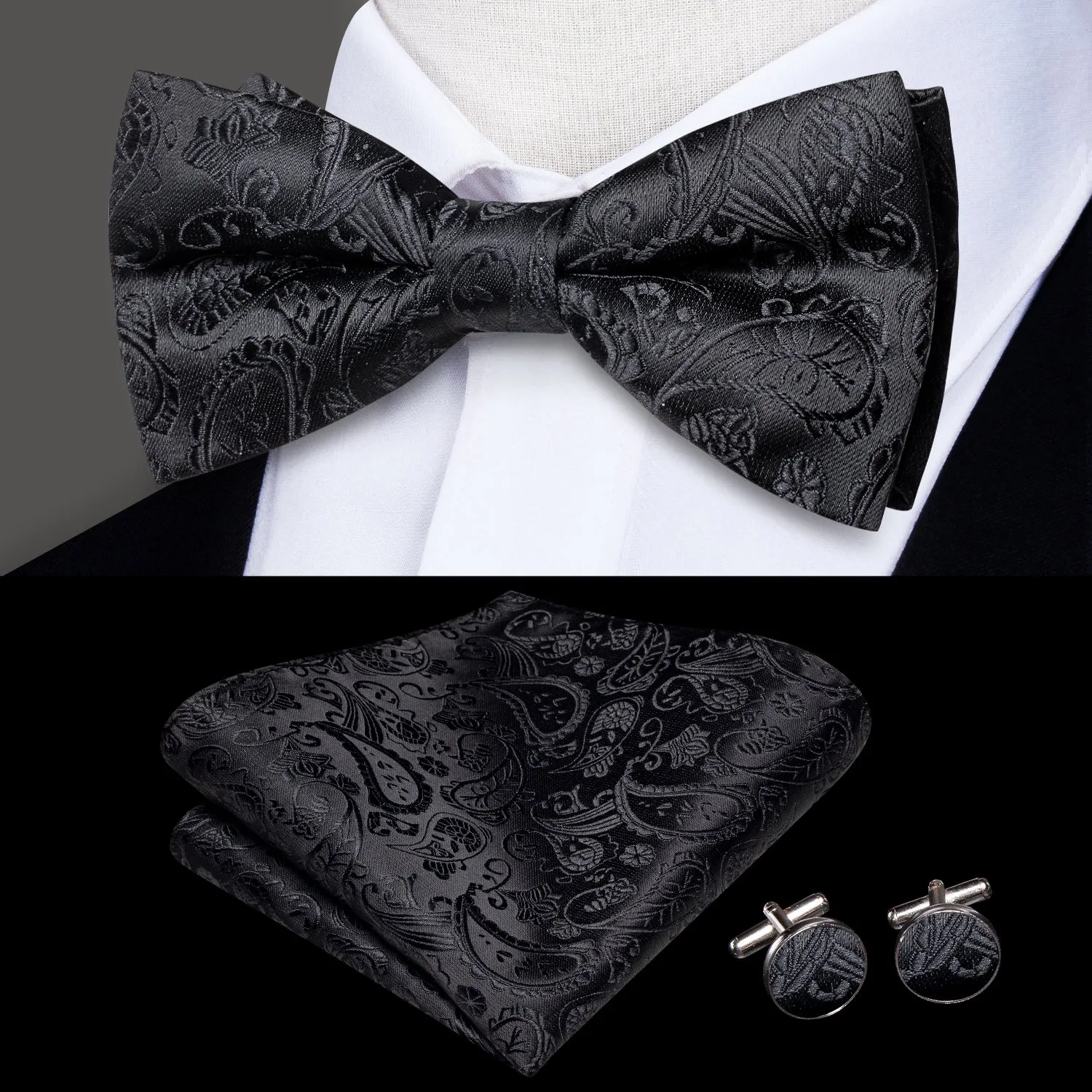 Ties2you Men's Paisley Black Bow Tie Pre-tied Formal Bowtie Handkerchief Cufflinks Set sold by Ties2You