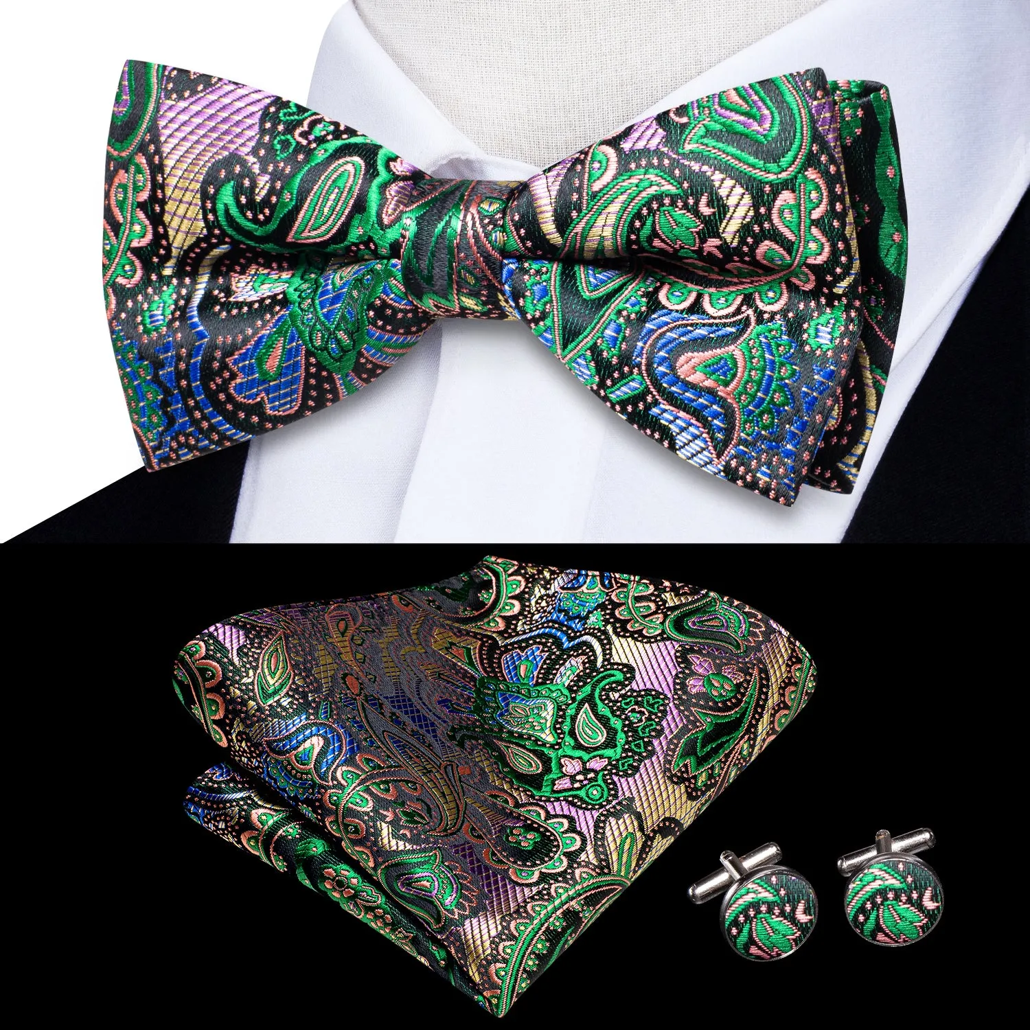 Ties2you Men's Gradient Green Bow Tie Wedding Pre-tied Bowtie Handkerchief Cufflinks Set sold by Ties2You product image thumbnail 3