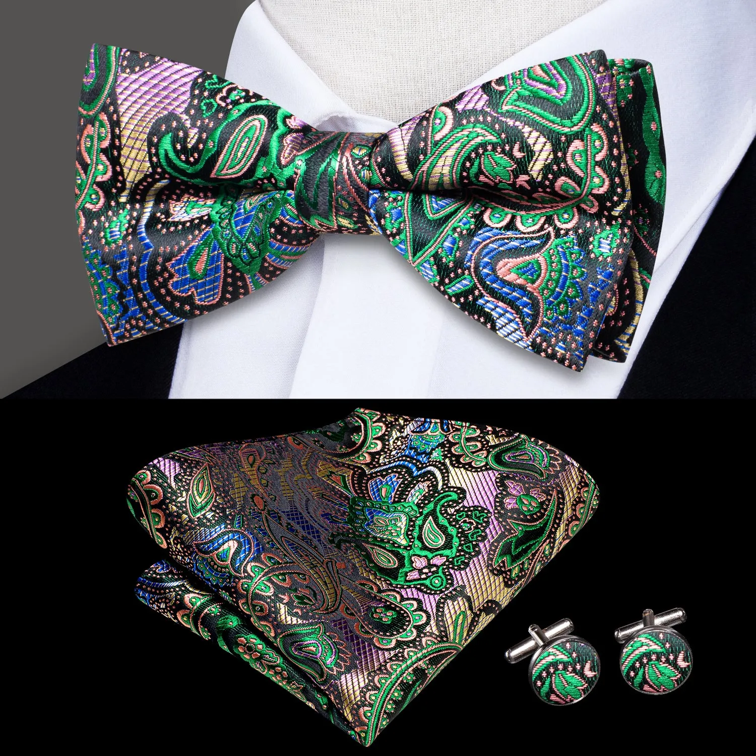 Ties2you Men's Gradient Green Bow Tie Wedding Pre-tied Bowtie Handkerchief Cufflinks Set sold by Ties2You