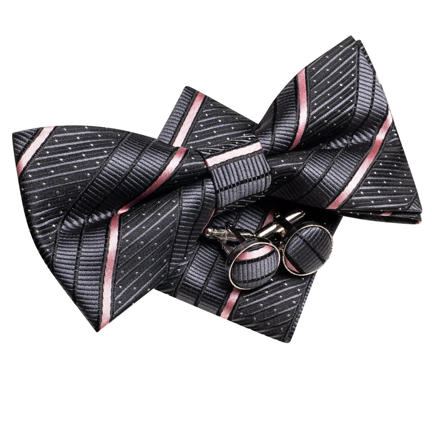 Ties2you Men's Striped Pre-tied Bow Tie Grey Business Bowtie Handkerchief Cufflinks Set sold by Ties2You product image thumbnail 4