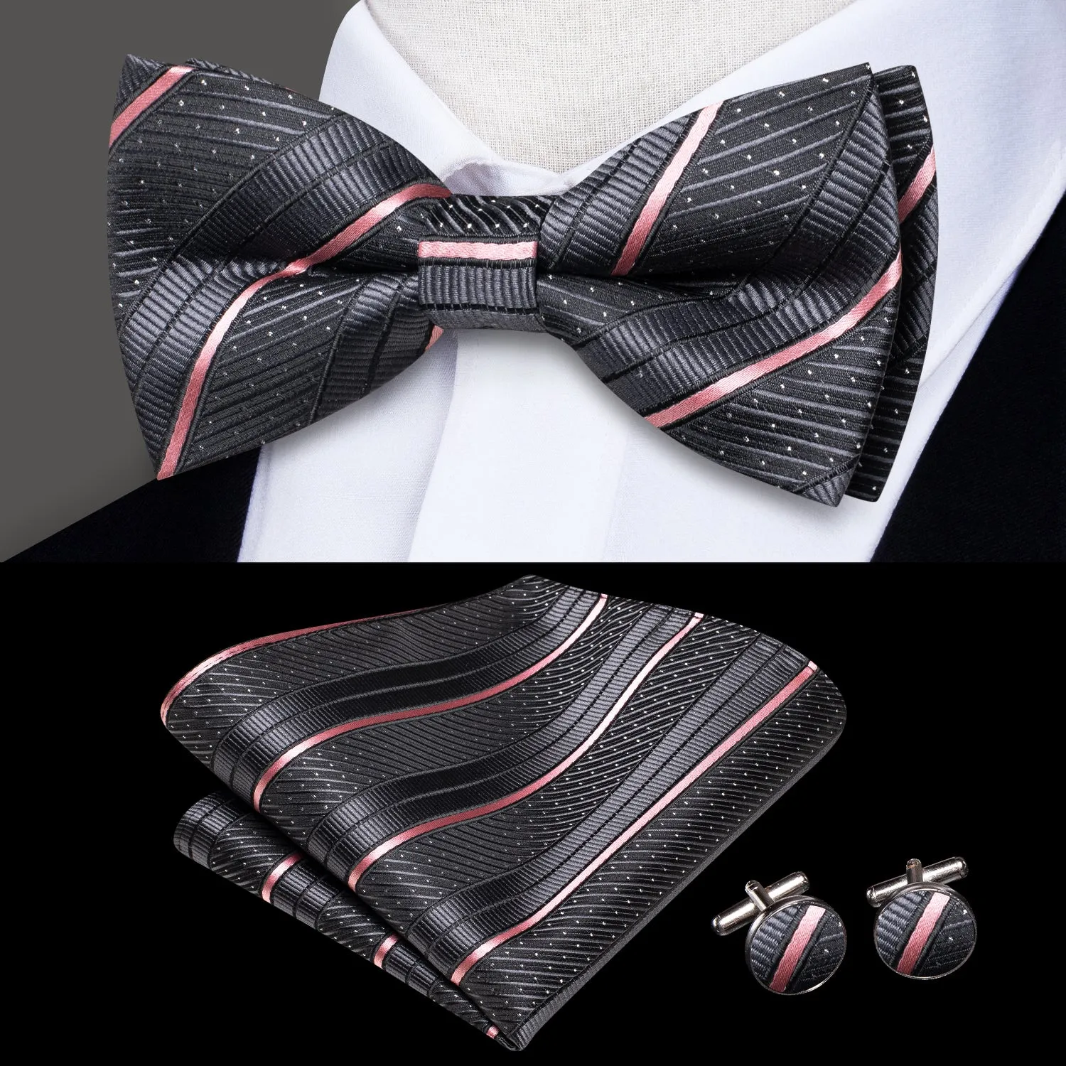 Ties2you Men's Striped Pre-tied Bow Tie Grey Business Bowtie Handkerchief Cufflinks Set sold by Ties2You