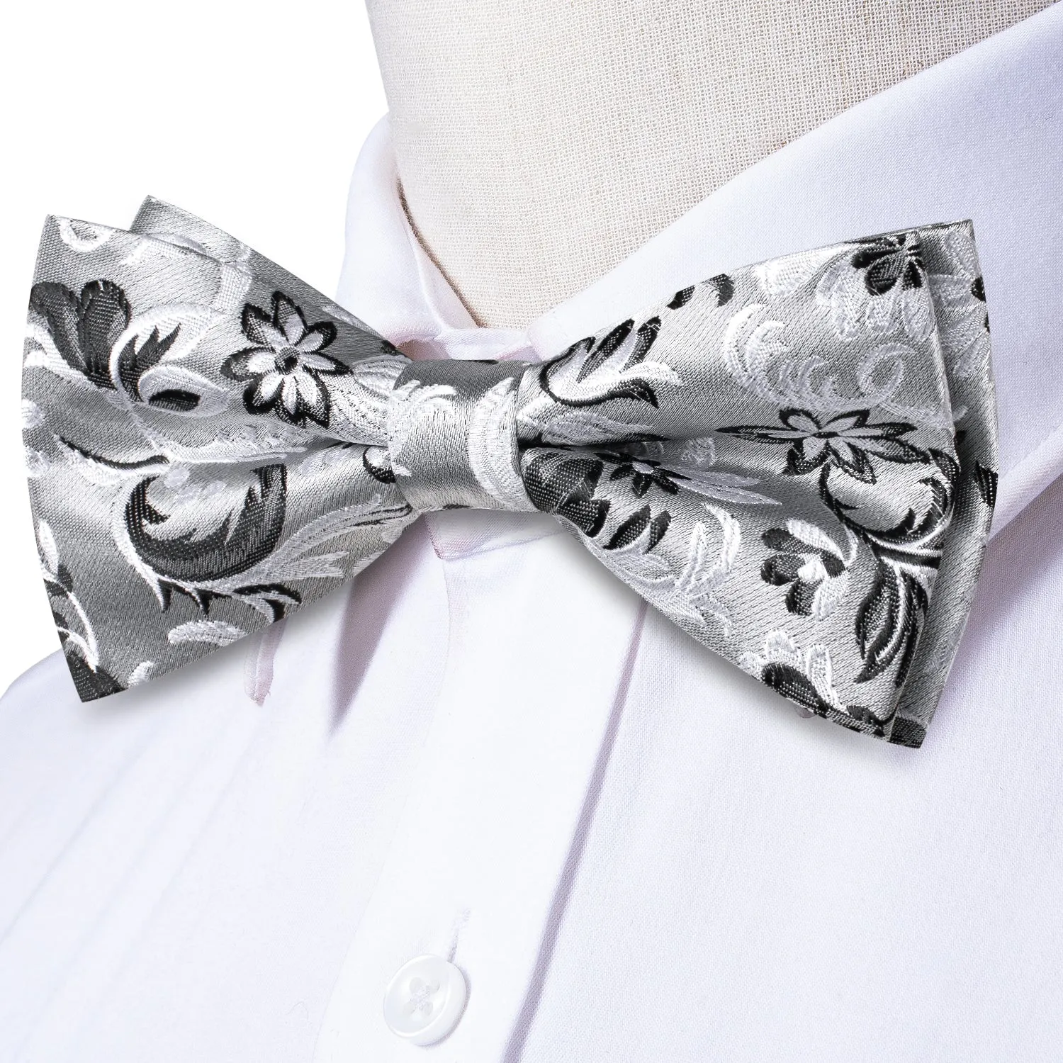 Ties2you Men's Floral Silver Bow Tie Wedding Pre-tied Bowtie Pocket Square Cufflinks Set sold by Ties2You product image thumbnail 5