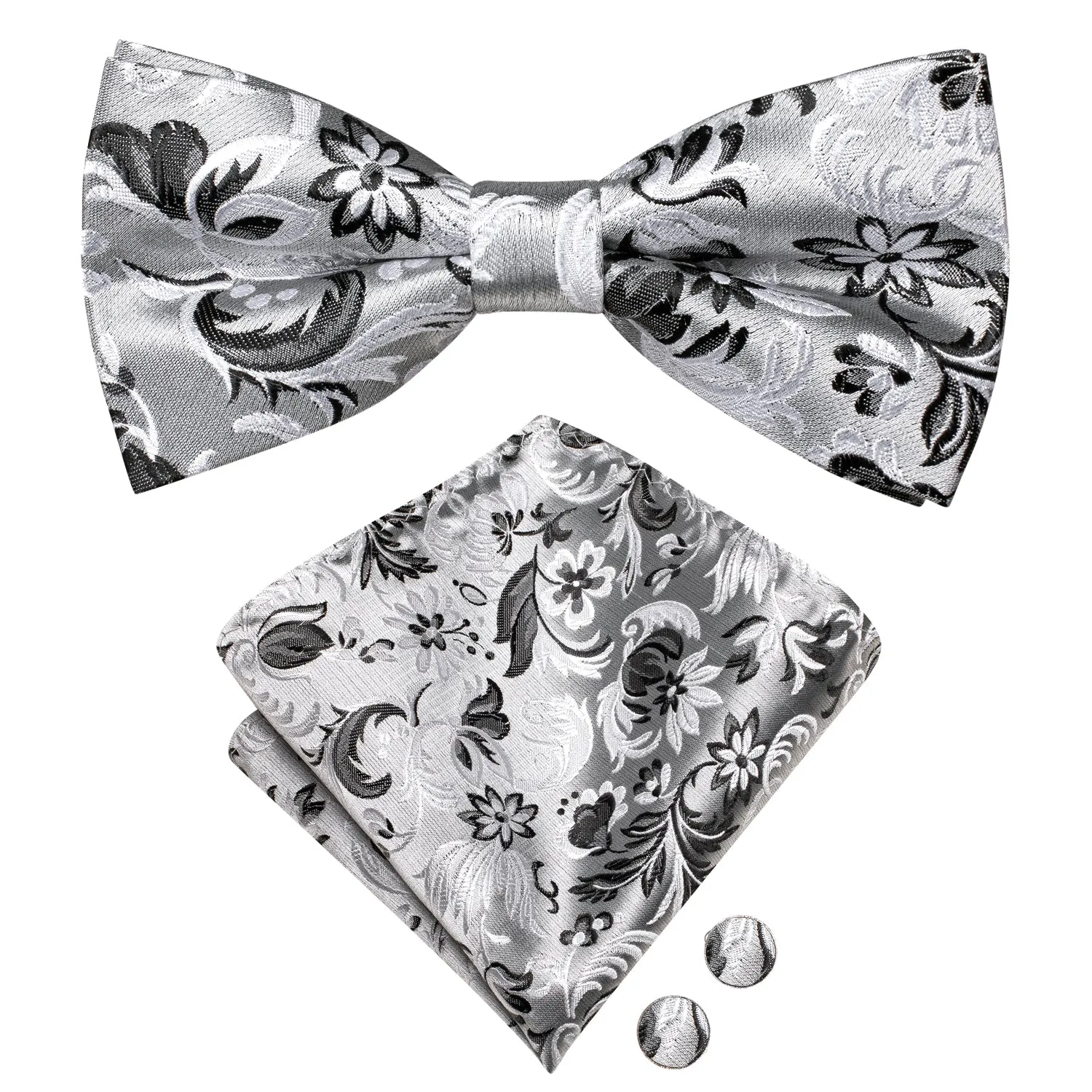 Ties2you Men's Floral Silver Bow Tie Wedding Pre-tied Bowtie Pocket Square Cufflinks Set sold by Ties2You product image thumbnail 3
