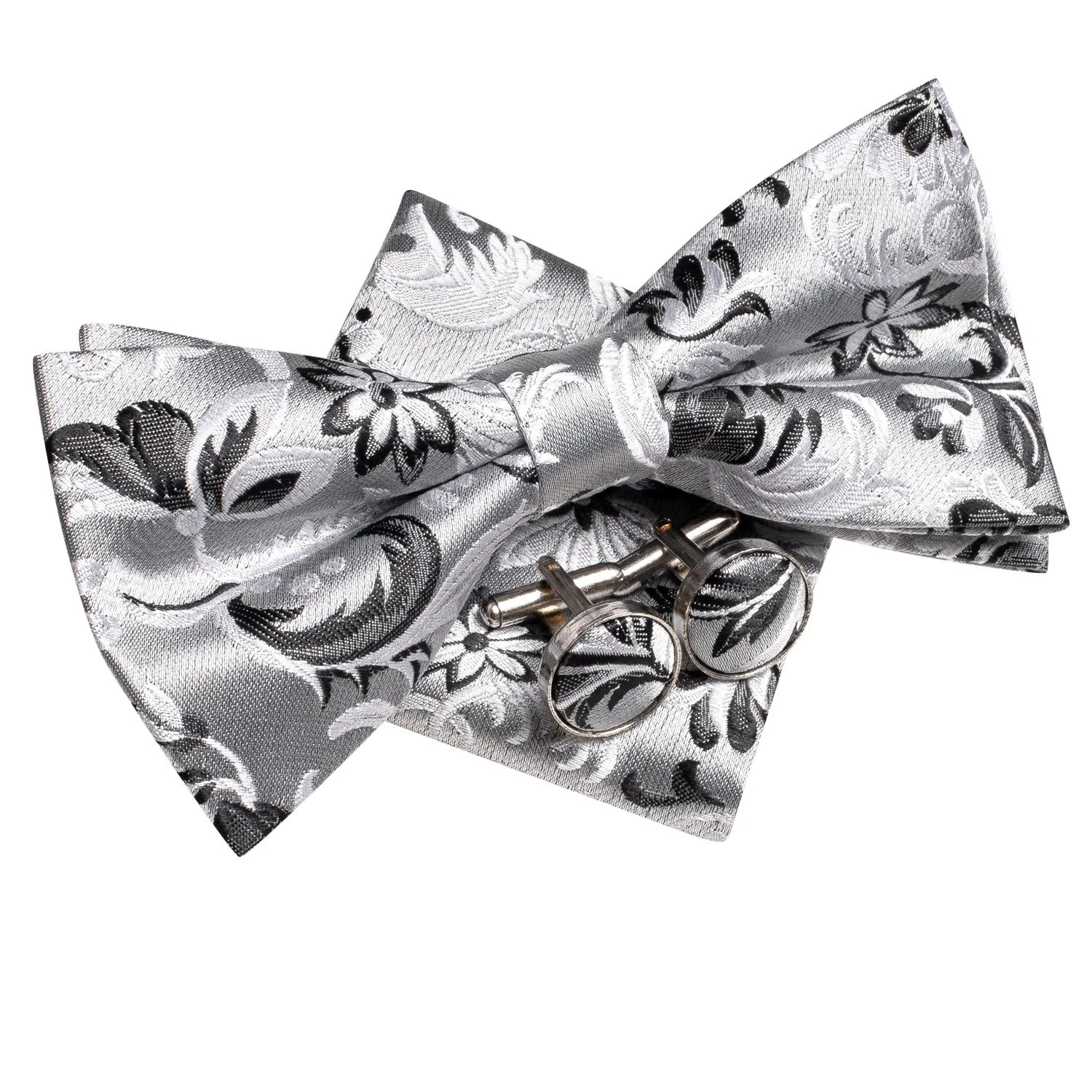 Ties2you Men's Floral Silver Bow Tie Wedding Pre-tied Bowtie Pocket Square Cufflinks Set sold by Ties2You product image thumbnail 4