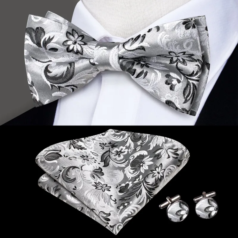 Ties2you Men's Floral Silver Bow Tie Wedding Pre-tied Bowtie Pocket Square Cufflinks Set sold by Ties2You