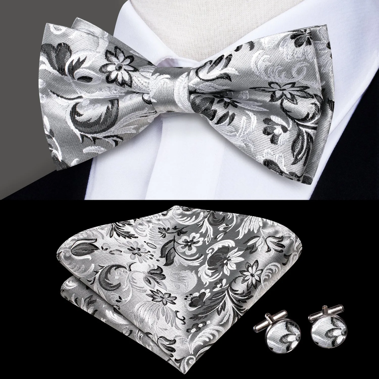 Ties2you Men's Floral Silver Bow Tie Wedding Pre-tied Bowtie Pocket Square Cufflinks Set sold by Ties2You