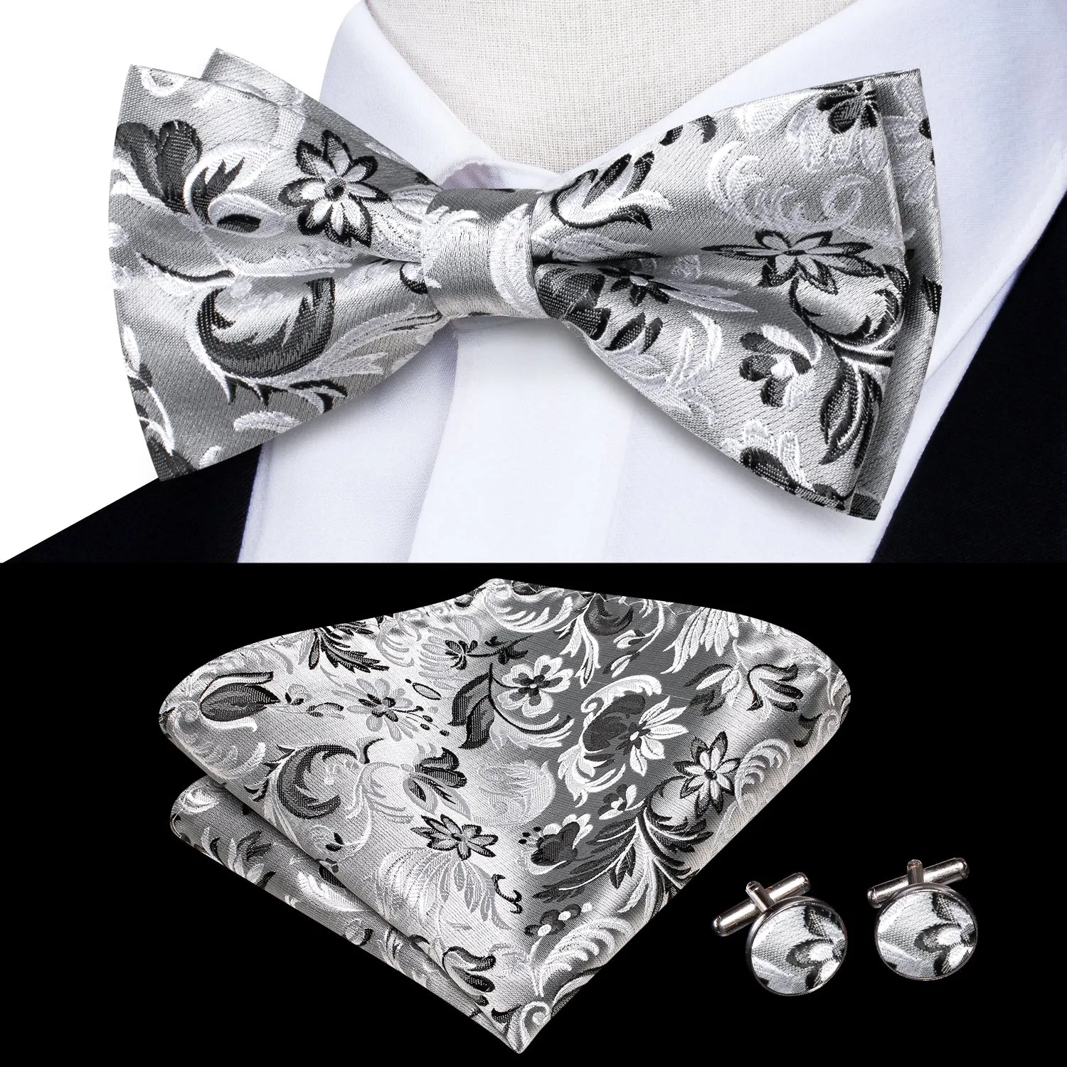 Ties2you Men's Floral Silver Bow Tie Wedding Pre-tied Bowtie Pocket Square Cufflinks Set sold by Ties2You product image thumbnail 2