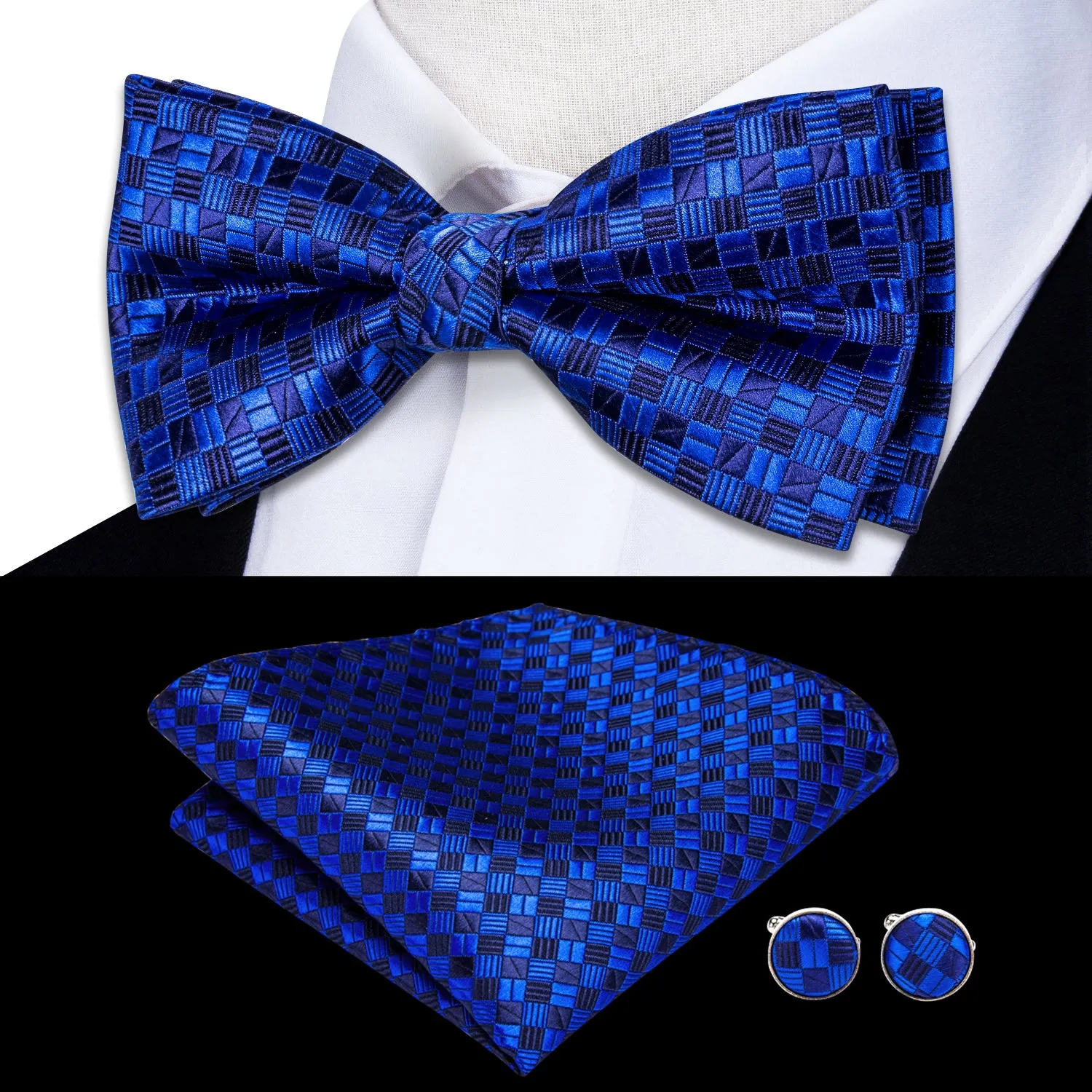 Ties2you Men's Plaid Royal Blue Bow Tie Pre-tied Formal Bowtie Handkerchief Cufflinks Set sold by Ties2You product image thumbnail 2