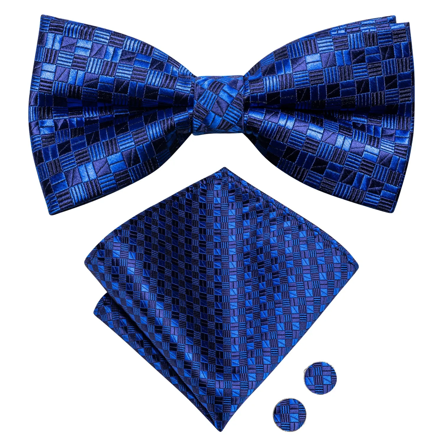 Ties2you Men's Plaid Royal Blue Bow Tie Pre-tied Formal Bowtie Handkerchief Cufflinks Set sold by Ties2You product image thumbnail 3