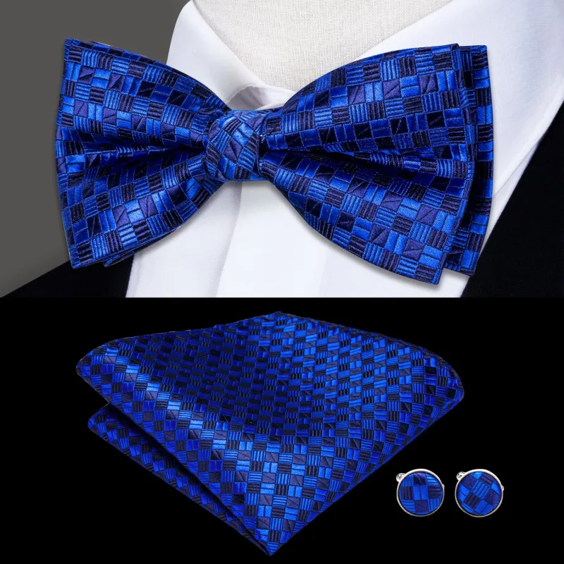 Ties2you Men's Plaid Royal Blue Bow Tie Pre-tied Formal Bowtie Handkerchief Cufflinks Set sold by Ties2You