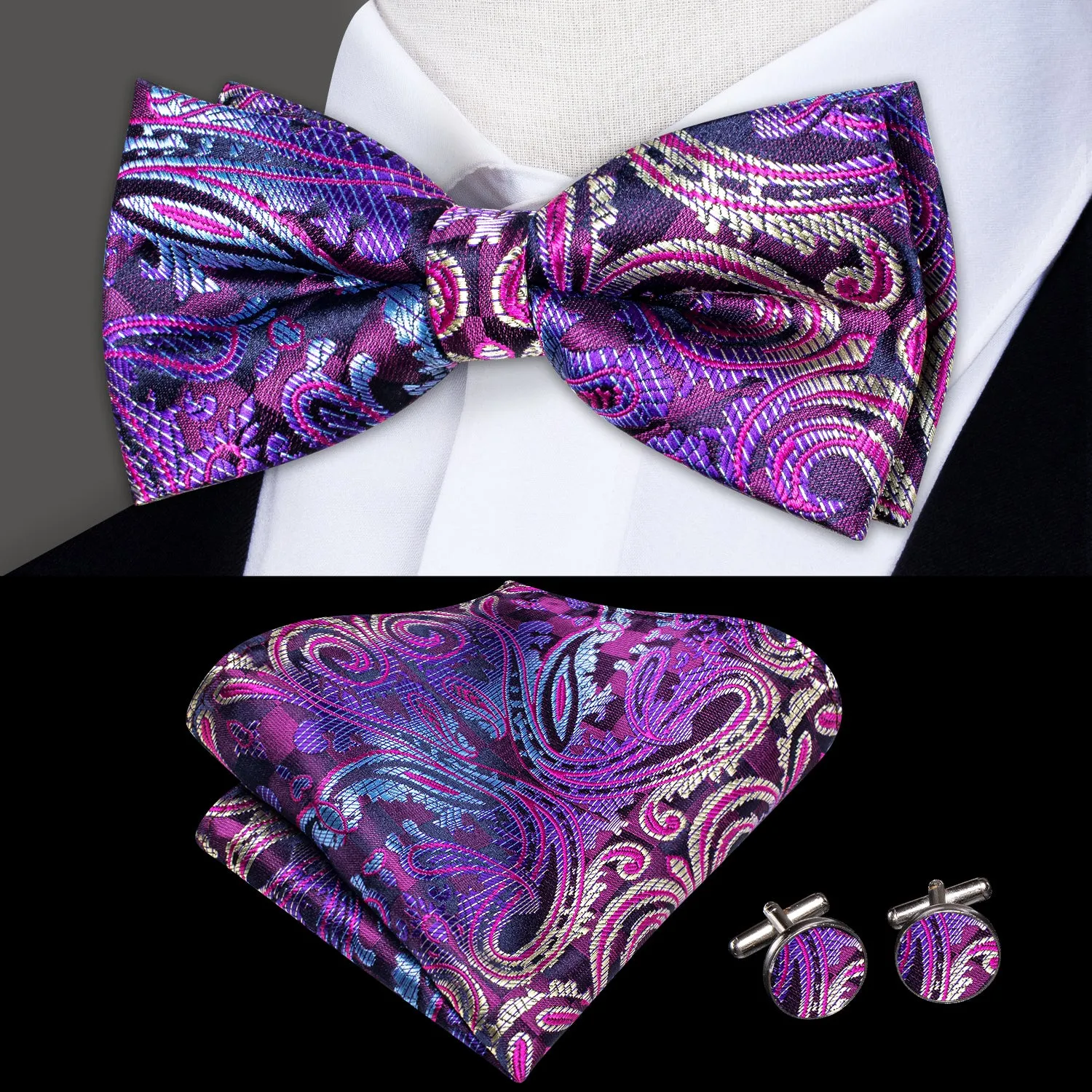 Ties2you Paisley Pre-tied Bowtie Purple Wedding Party Bow Tie Handkerchief Cufflinks Set sold by Ties2You