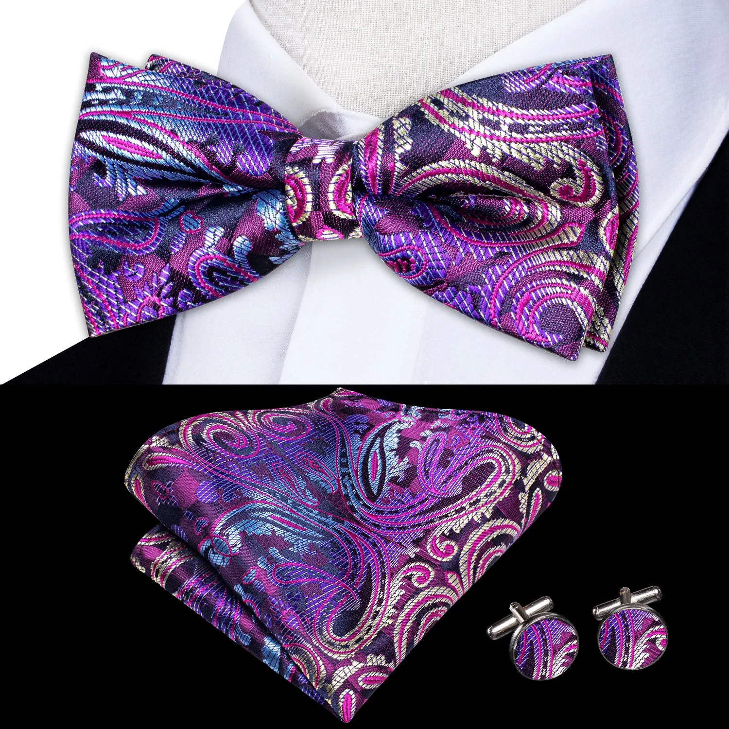 Ties2you Paisley Pre-tied Bowtie Purple Wedding Party Bow Tie Handkerchief Cufflinks Set sold by Ties2You product image thumbnail 2