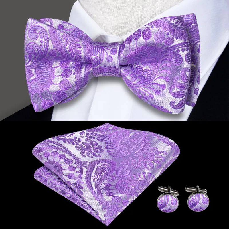 Ties2you Lavender Lilac Paisley Tuxedo Bowtie Self-tie Wedding Bow Tie Hanky Cufflinks Set sold by Ties2You
