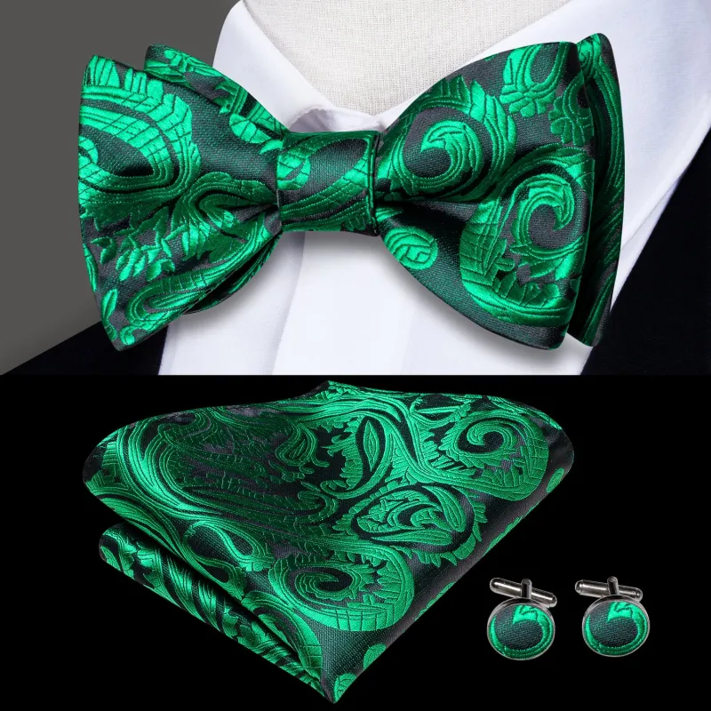 Ties2you Green Floral Bow Tie Self-tie Party Bowtie Handkerchief Cufflinks Set for Men sold by Ties2You