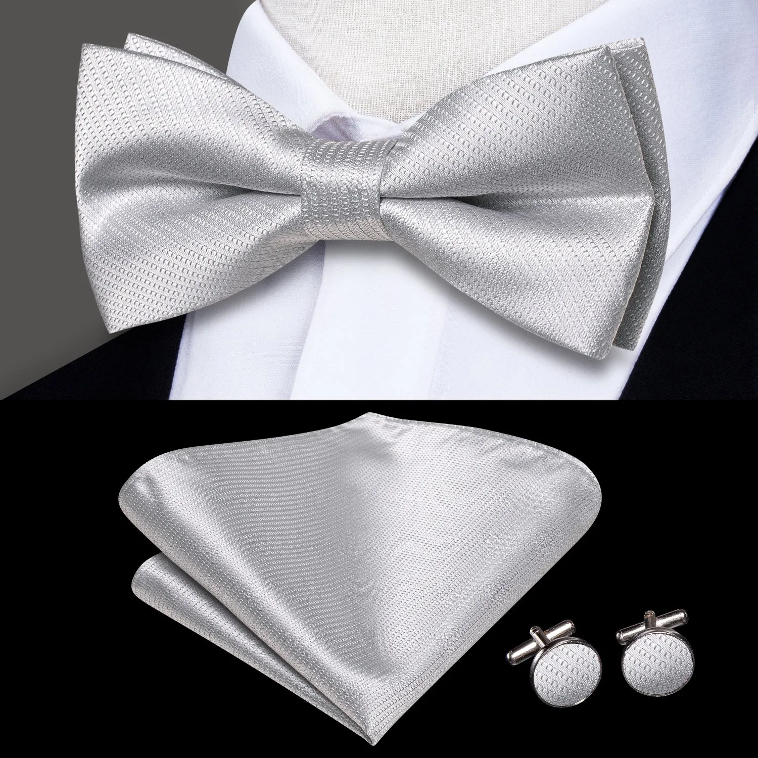 Ties2you Silver Pre-tied Tuxedo Bow Tie Solid Bowtie Handkerchief Cufflinks Set for Men sold by Ties2You
