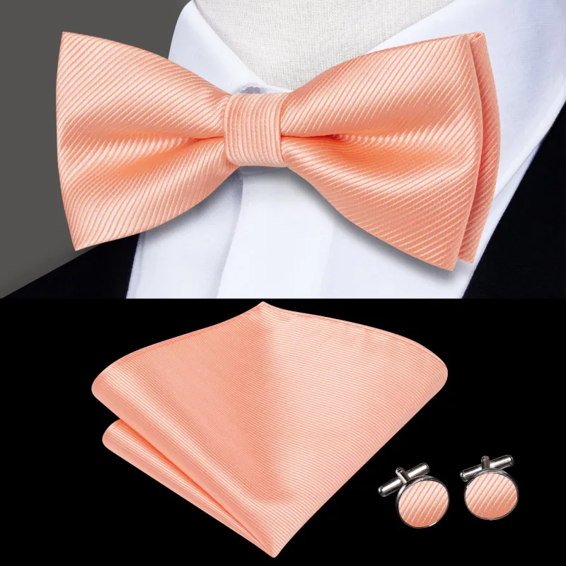 Ties2you Dusty Salmon Tuxedo Bow Tie Pre-tied Striped Bowtie Handkerchief Cufflinks Set sold by Ties2You
