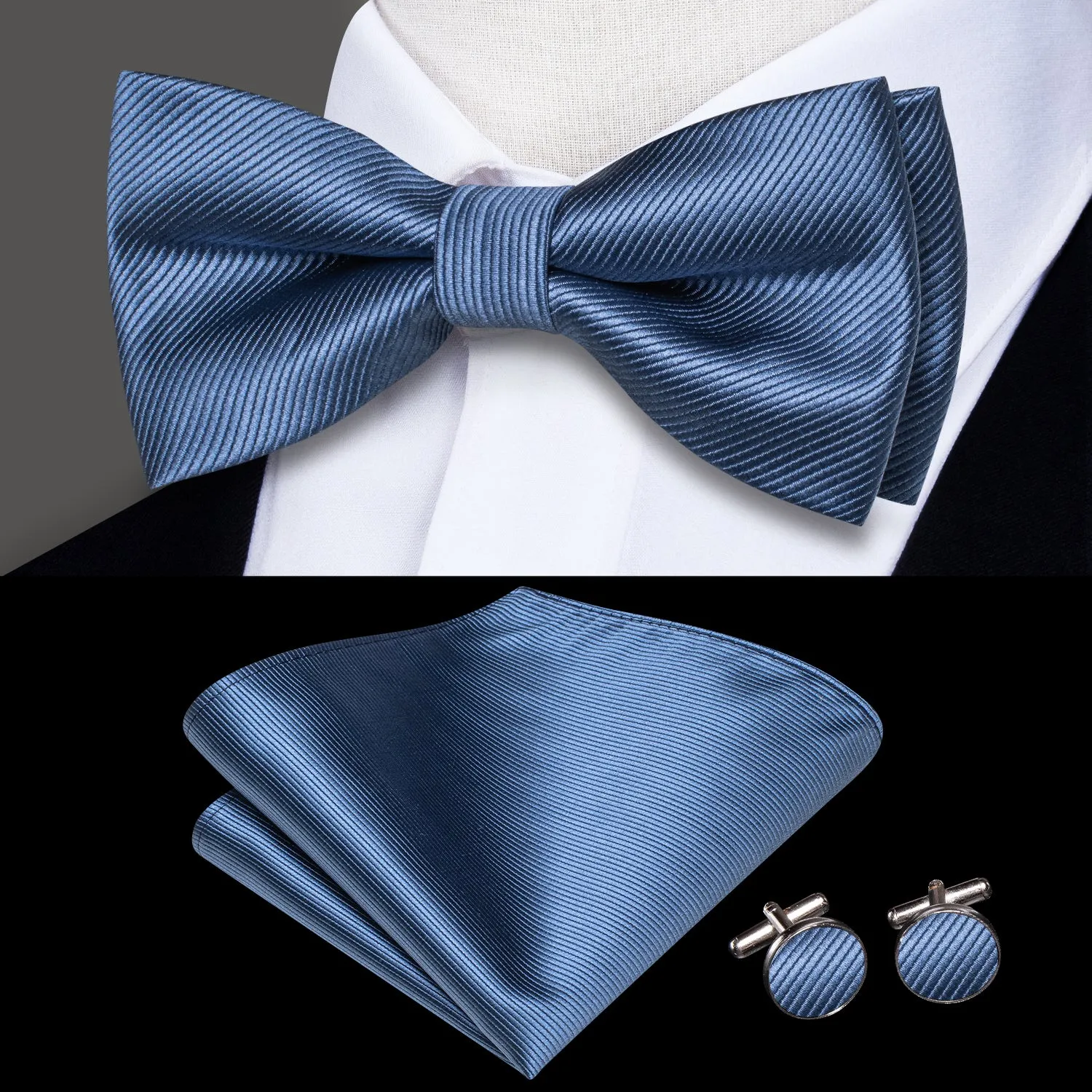 Ties2you Dusty Blue Pre-tied Tuxedo Bow Tie Striped Bowtie Pocket Square Cufflinks Set sold by Ties2You