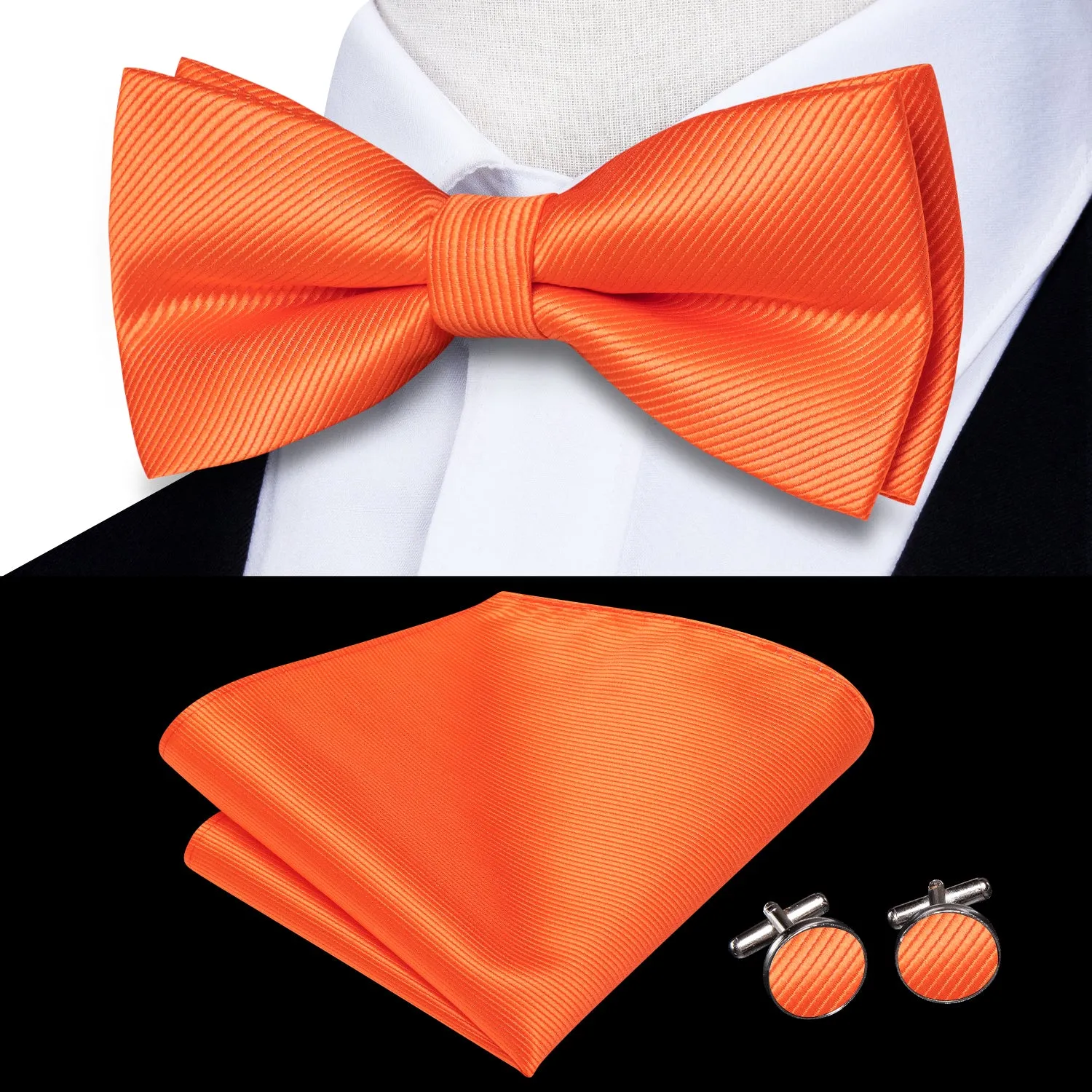 Ties2you Orange Pre-tied Tuxedo Bow Tie Striped Casual Bowtie Handkerchief Cufflinks Set sold by Ties2You product image thumbnail 2