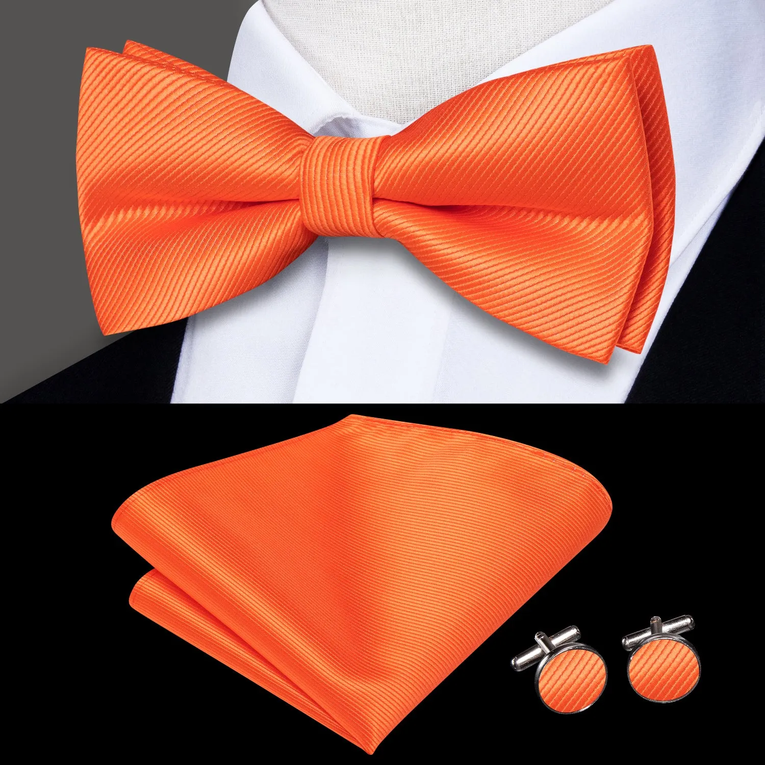 Ties2you Orange Pre-tied Tuxedo Bow Tie Striped Casual Bowtie Handkerchief Cufflinks Set sold by Ties2You