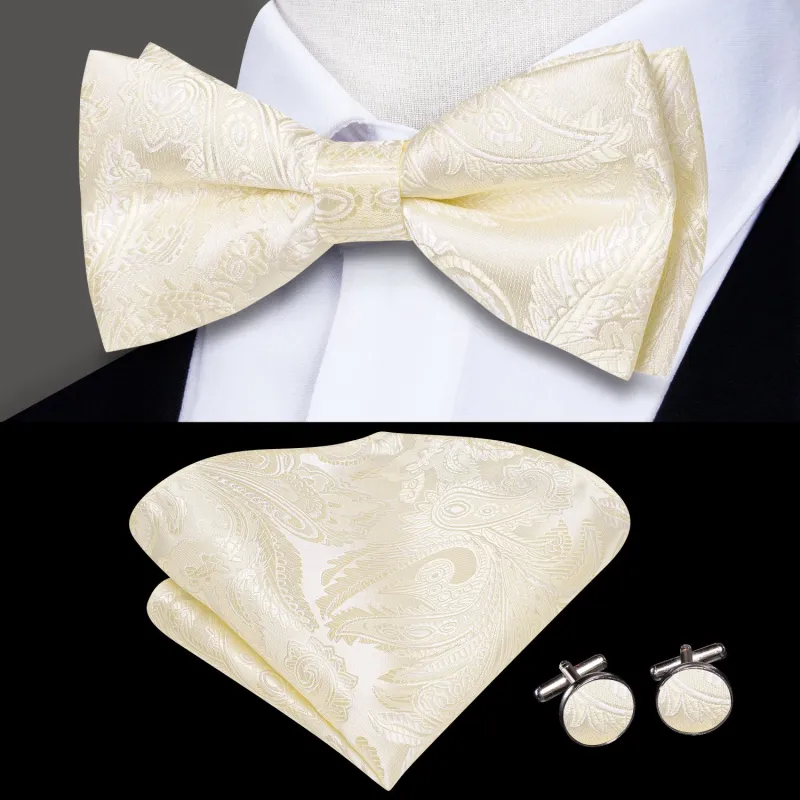 Ties2you Men's Ivory Paisley Bowtie Pre-tied Formal Bow Tie Pocket Square Cufflinks Set sold by Ties2You