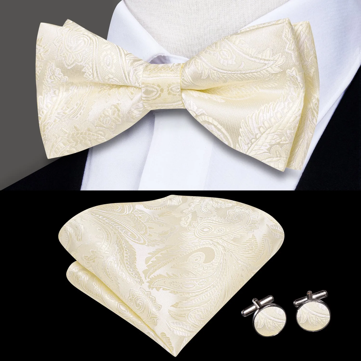 Ties2you Men's Ivory Paisley Bowtie Pre-tied Formal Bow Tie Pocket Square Cufflinks Set sold by Ties2You