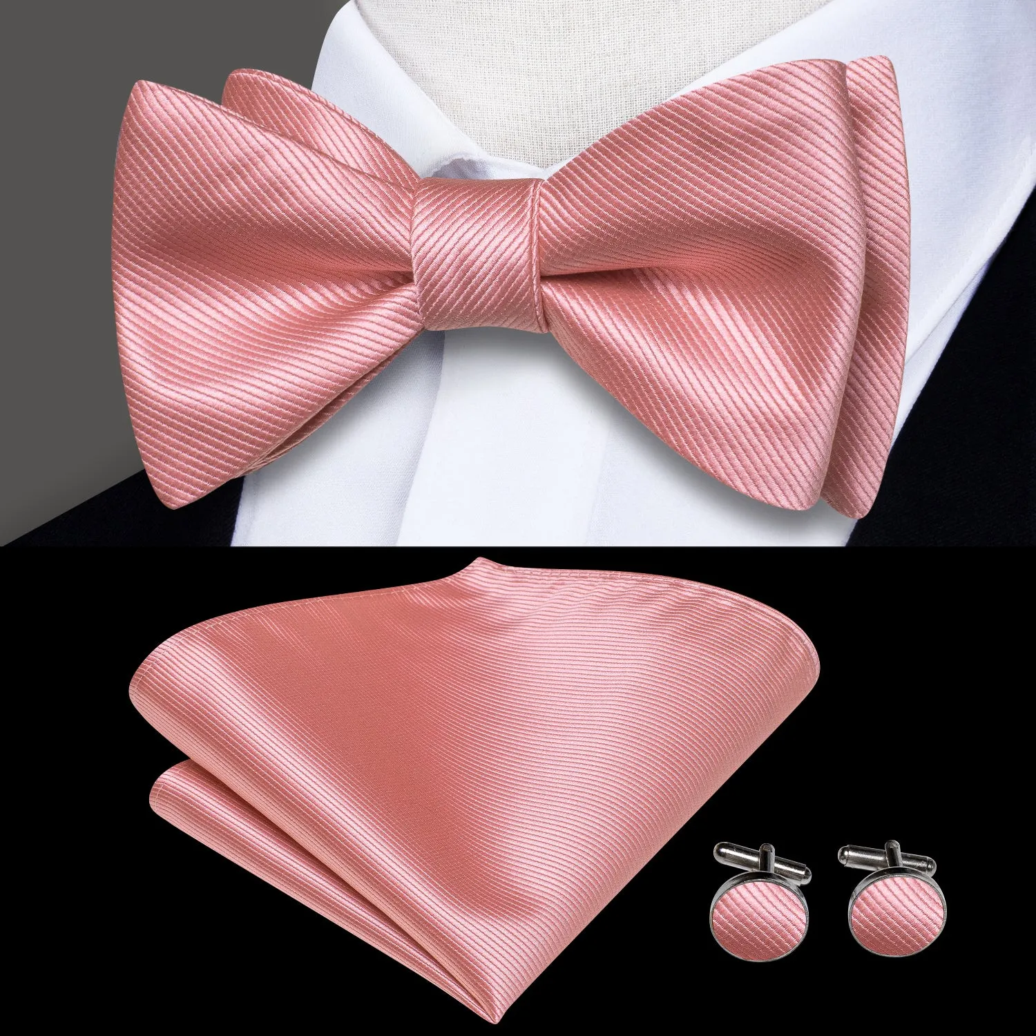 Ties2you Dusty Rosepink Self-tie Bowtie Wedding Solid Bowtie Handkerchief Cufflinks Set sold by Ties2You