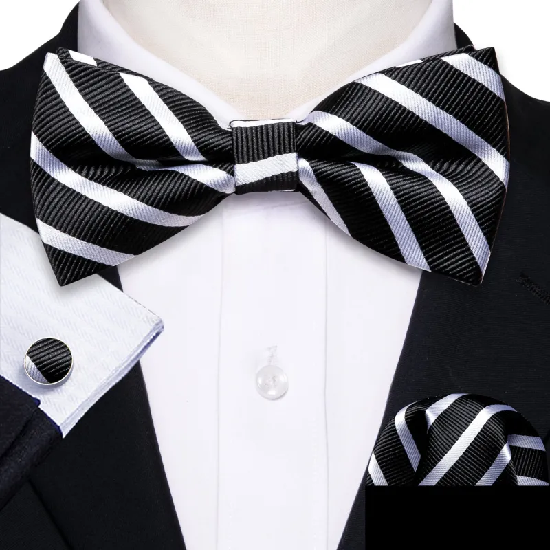 Ties2you Men's White Striped Pre-tied Bow Tie Black Bowtie Pocket Square Cufflinks Set sold by Ties2You