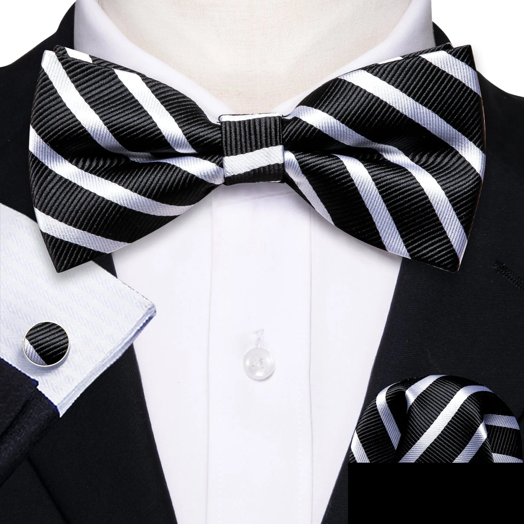 Ties2you Men's White Striped Pre-tied Bow Tie Black Bowtie Pocket Square Cufflinks Set sold by Ties2You