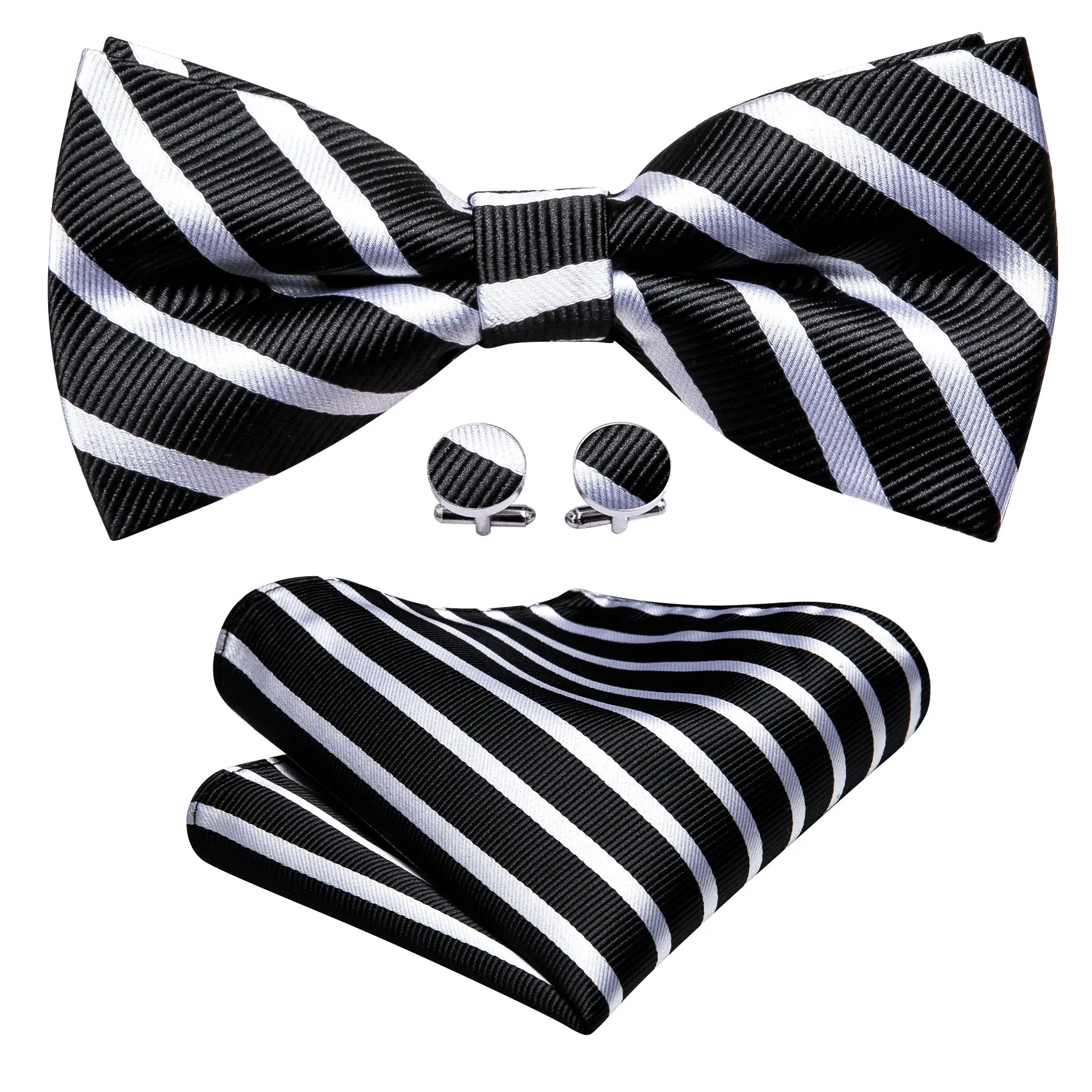 Ties2you Men's White Striped Pre-tied Bow Tie Black Bowtie Pocket Square Cufflinks Set sold by Ties2You product image thumbnail 2