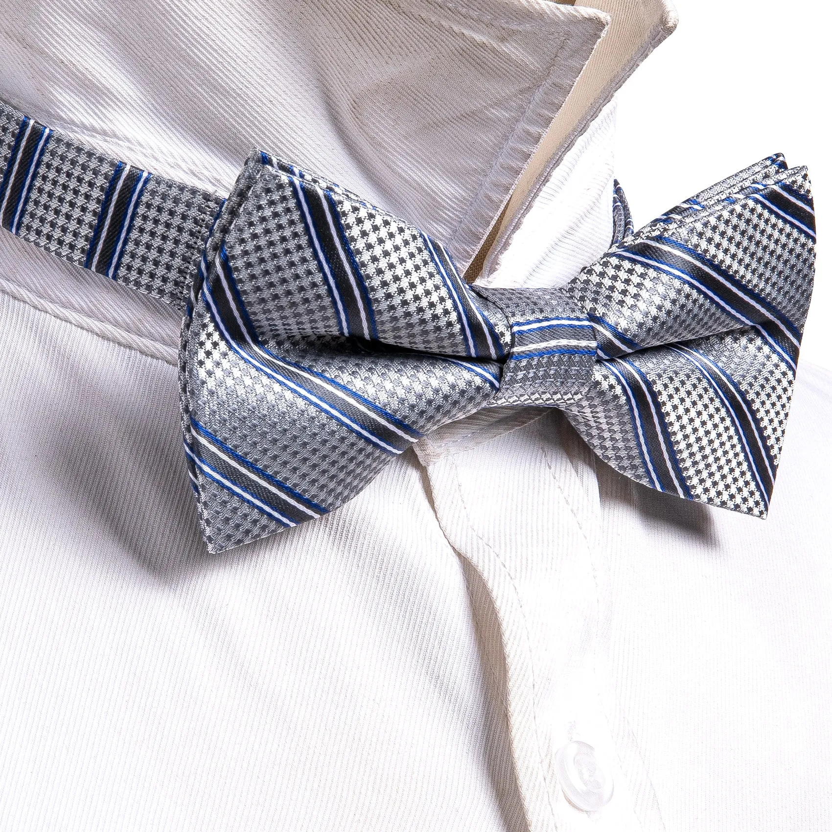 Ties2you Men's Striped Pre-tied Bow Tie Grey Business Bowtie Handkerchief Cufflinks Set sold by Ties2You product image thumbnail 4