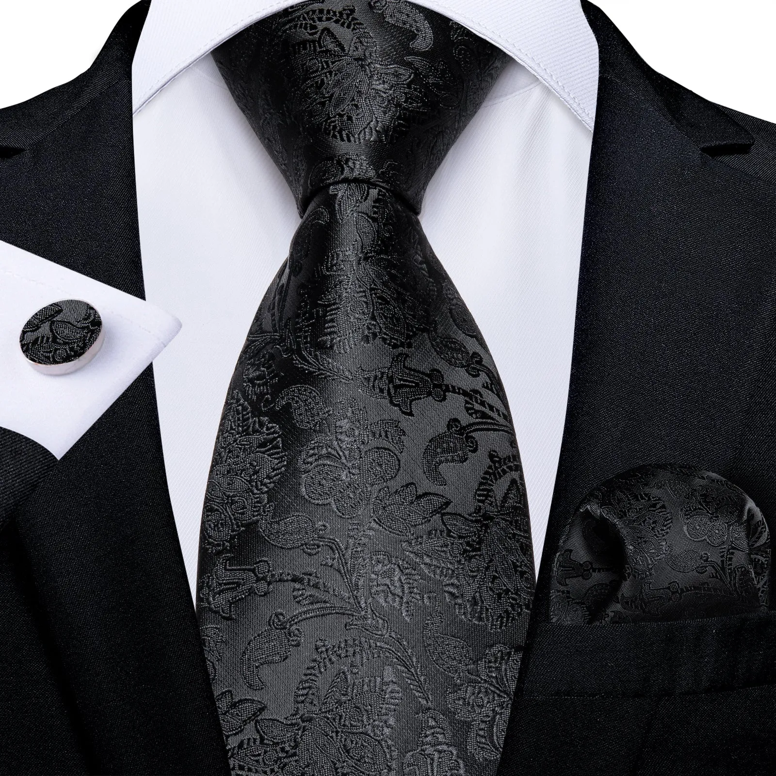 Black Floral Embossed Men's Necktie Hanky Cufflinks Set sold by Ties2You