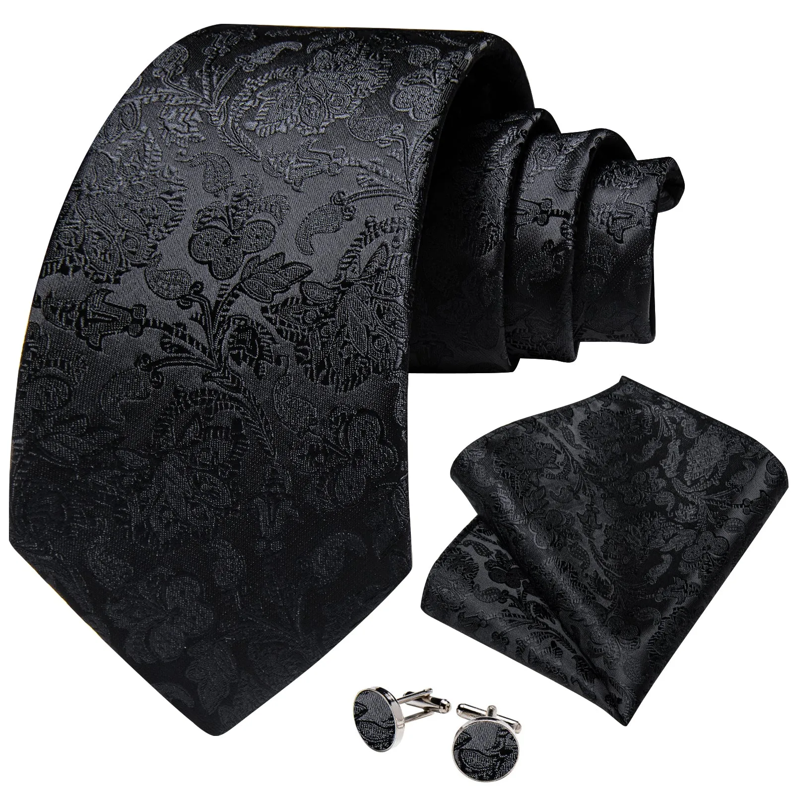 Black Floral Embossed Men's Necktie Hanky Cufflinks Set sold by Ties2You product image thumbnail 2