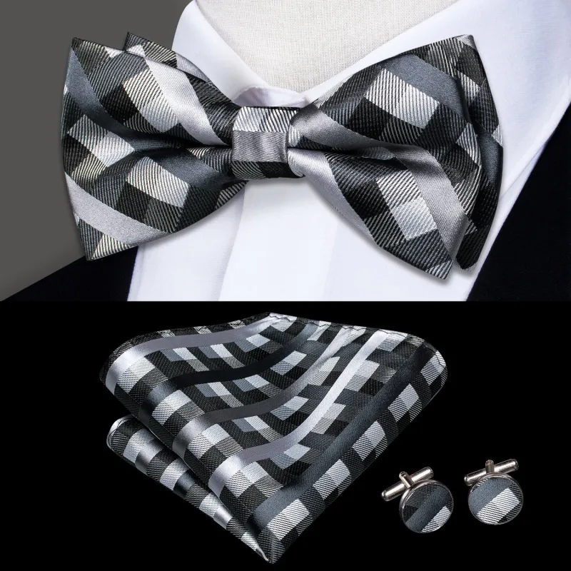 Ties2you Men's Plaid Grey Tuxedo Bowtie Pre-tied Formal Bow Tie Hanky Cufflinks Set sold by Ties2You
