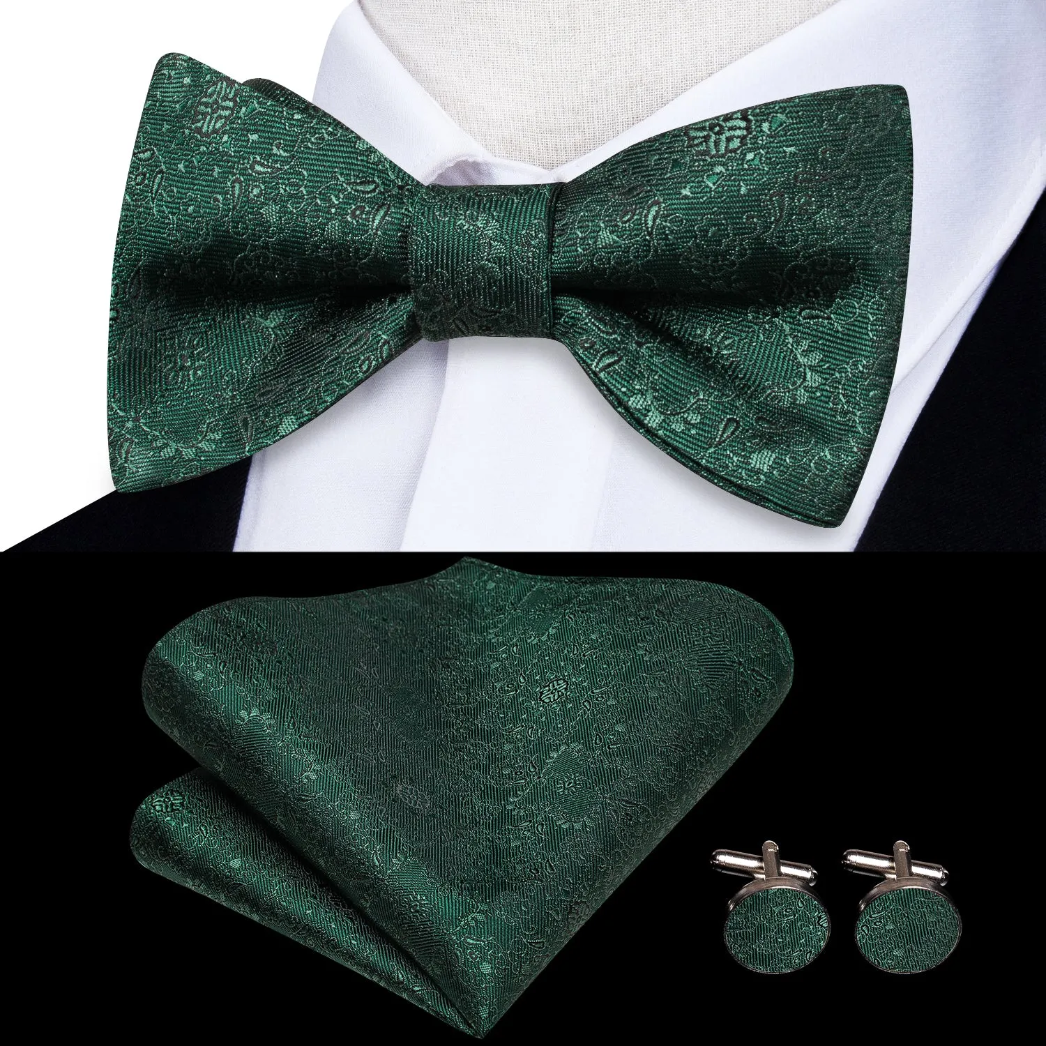 Ties2you Men's Hunter Green Floral Bowtie Self-tie Tuxedo Bow Tie Handky Cufflinks Set sold by Ties2You product image thumbnail 2