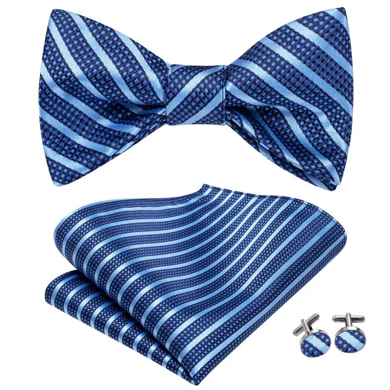 Ties2you Striped Blue Bowtie Self-tie Formal Bow Tie Handkerchief Cufflinks Set for Men sold by Ties2You