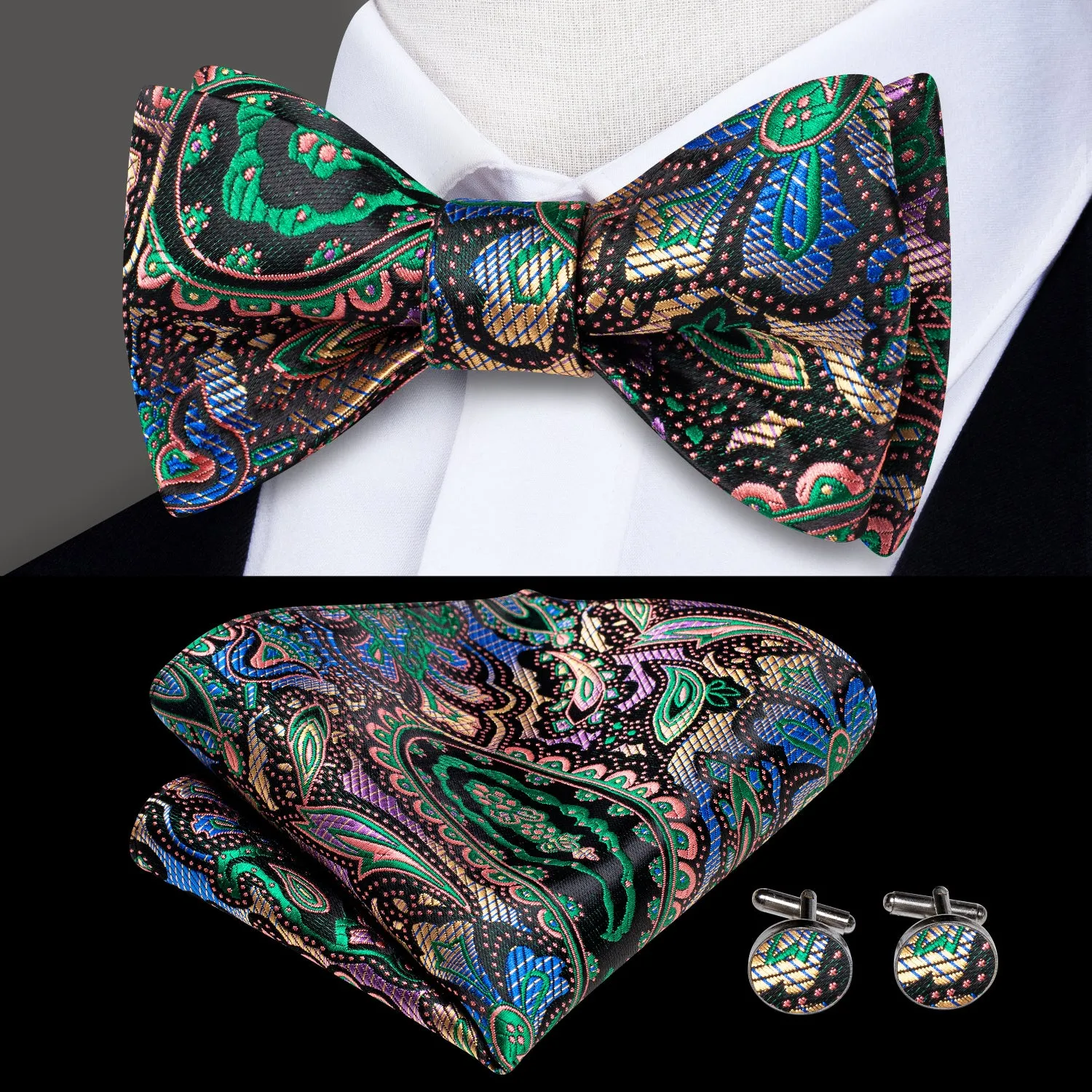Ties2you Men's Paisley Green Tuxedo Bow Tie Self-tie Bowtie Pocket Square Cufflinks Set sold by Ties2You product image thumbnail 3